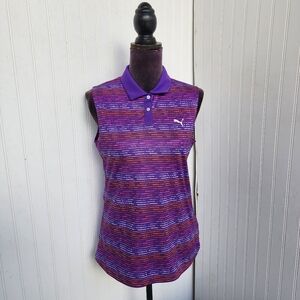 Puma Golf Sleeveless Polo Shirt Purple Striped Athletic DryCELL Top Womens Sz M